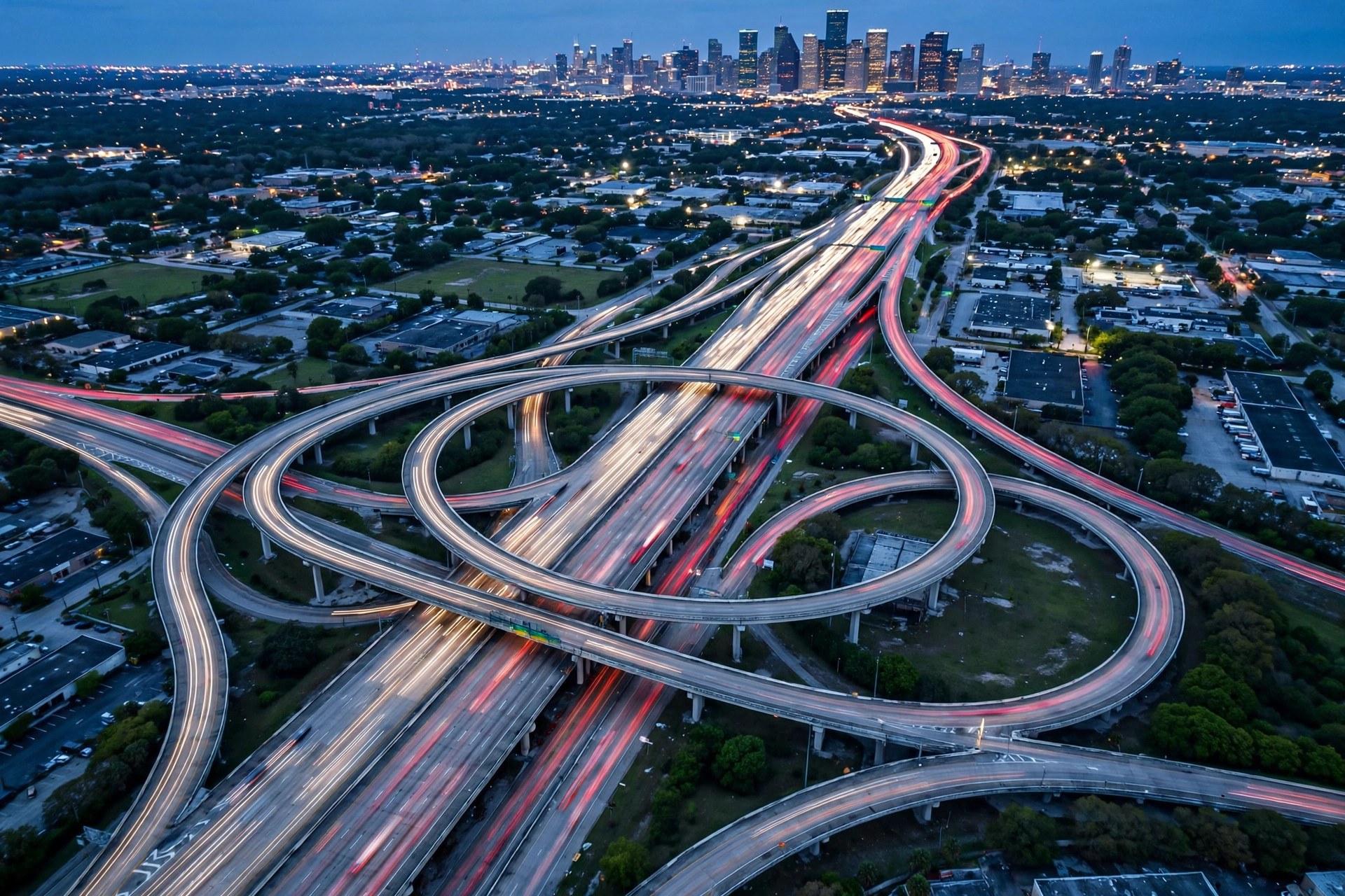 Aerial view of a Houston highway interchange